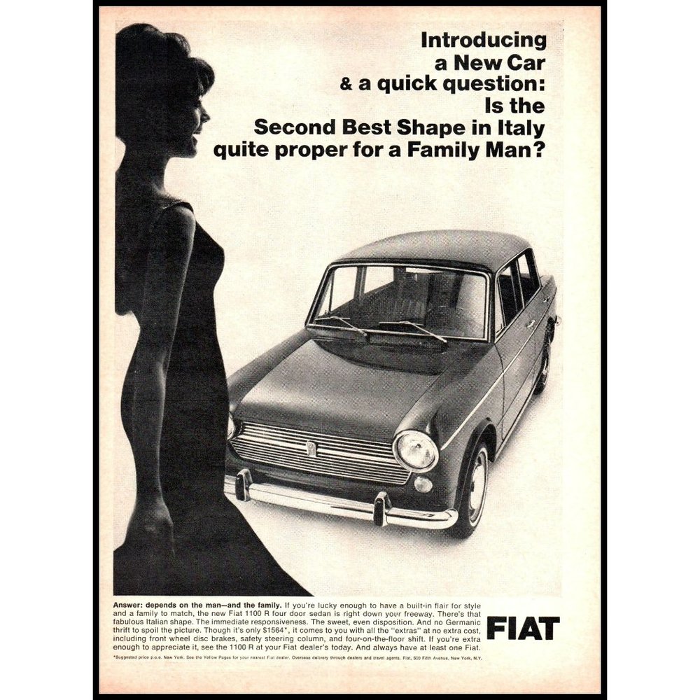 1966 Fiat 1100 R Sedan Vintage Print Ad Second Best Shape in Italy Wall Art